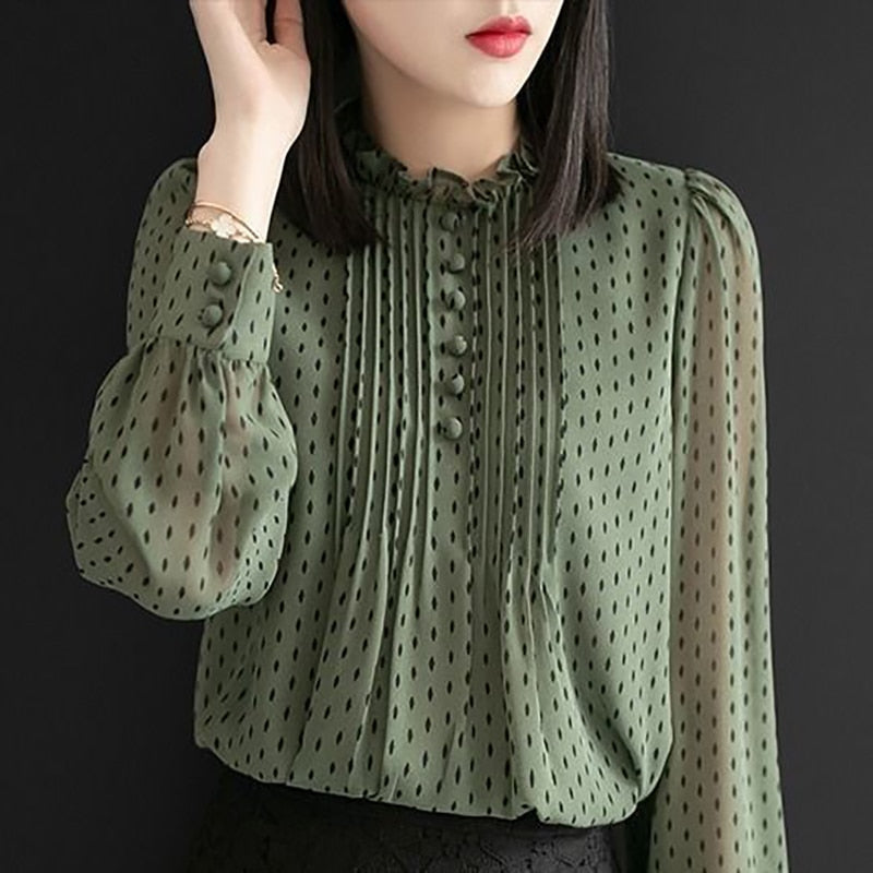 sixsr Women Spring Autumn Style Chiffon Blouses Shirts Lady Casual Long Sleeve O-Neck Polka Dot Printed Chiffon Blusas Tops