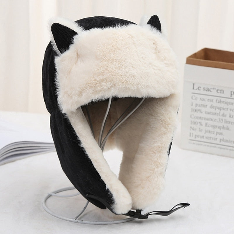 Sixsr Women Warm Earmuffs Thicken Ear-flapped Hat Winter Cold-proof Warm Cotton Hat Cat Ears Cap Winter Russian Hat