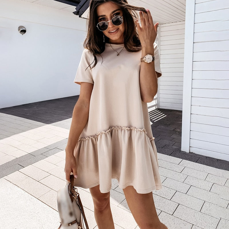 sixsr Fashion Trends Loose Casual Short Sleeve Mini Dress Women Summer O-neck White Black Ruffles Big Hem Beach Dresses For Woman Femme Robe