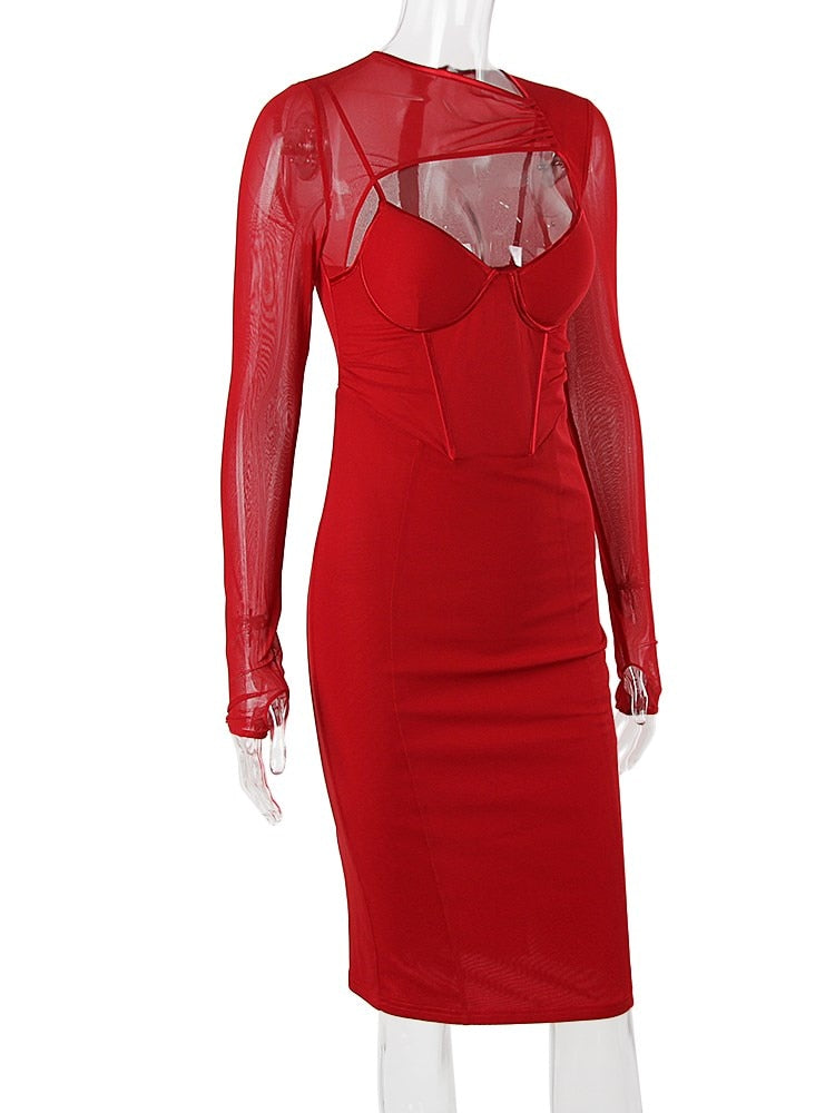 sixsr Spring Autumn Dresses for Women Winter Long Sleeve Padded Corset Hollow Out Lined Wedding Guest Dress Holiday Party Outfit Women Bodycon Elegant Dress