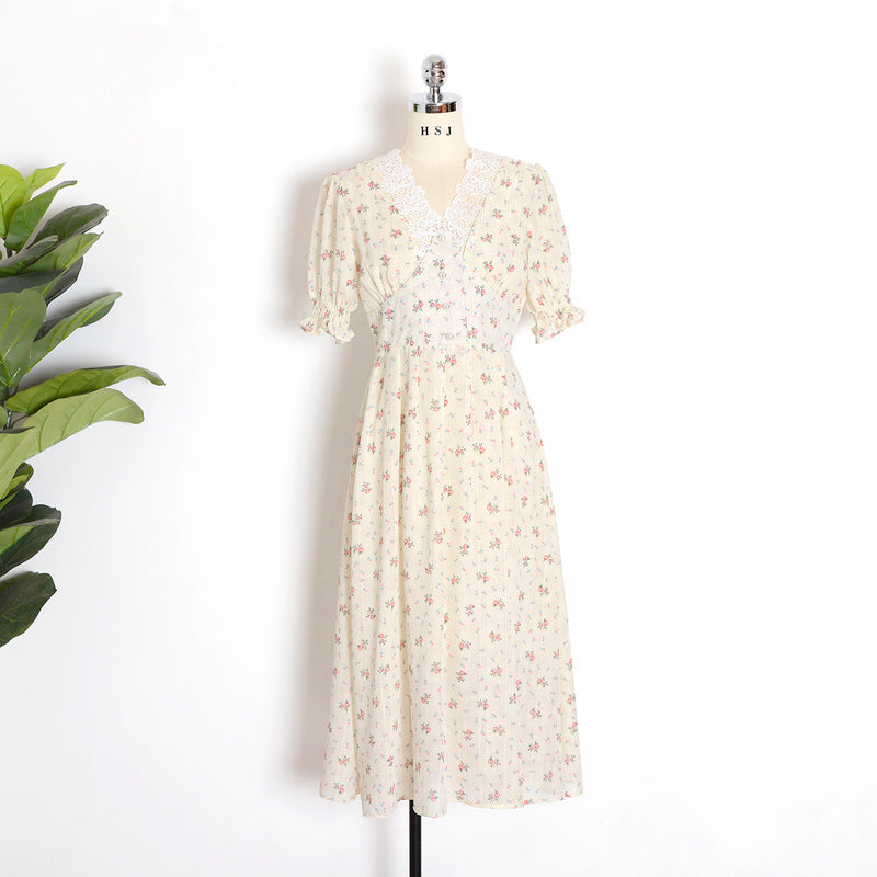 Sixsr Vintage Floral Dress Women Elegant Lace Chiffon Korean Party Dress Puff Sleeve V Neck Midi Dress Fall Dresses for Women