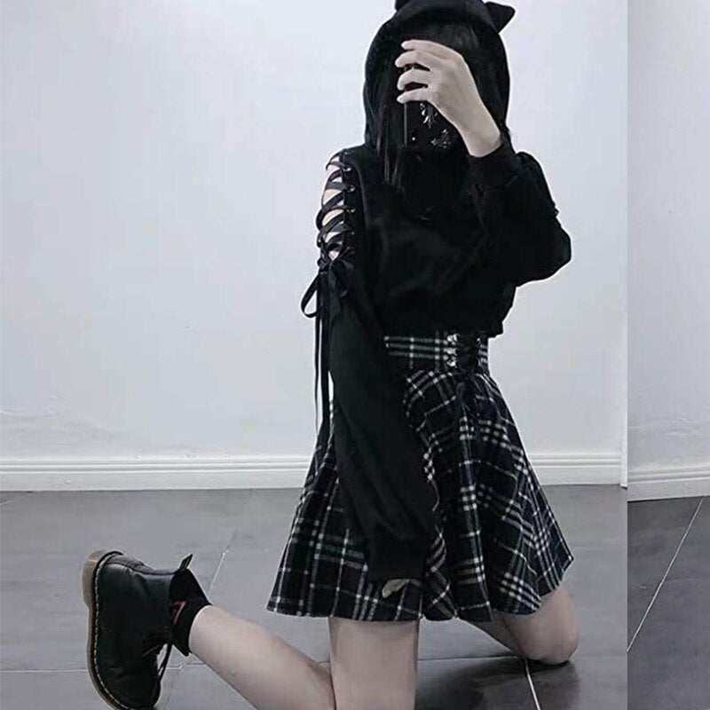 Sixsr Gothic Lolita skirt female S-XL multi-size autumn and winter high waist lace-up short check wool skirt mini ballet skirt