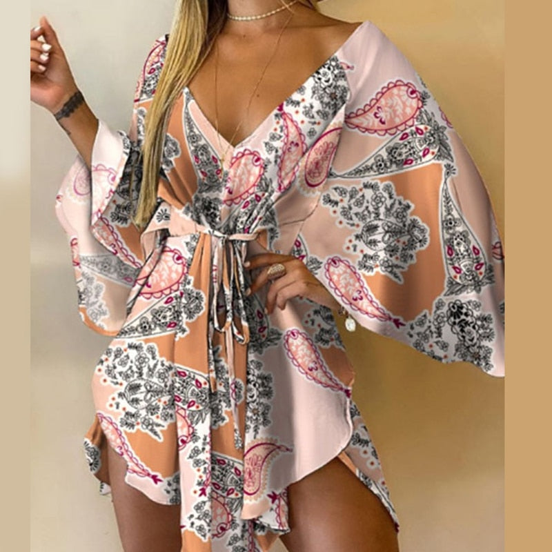 sixsr Summer Outfits Casual Leaf Leopard Print Harajuku Batwing Sleeve Dress Lady Elegant Lace-Up Irregular Party Dress Sexy V-Neck Women Mini Dress