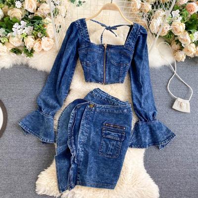 Sixsr Trends high quality Spring Autumn Two Piece Set Women Sexy Jeans 2 Two Piece Set Long Sleeve Crop Tops And Bodycon Short Denim Skirt Suits for Woman