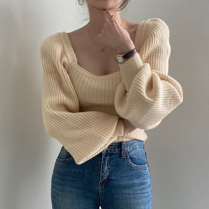 Knitted Women's Sweater Vintage Pullover Long Puff Sleeve Pink Square Neck Top Korean Fashion Style Autumn Winter Clothing