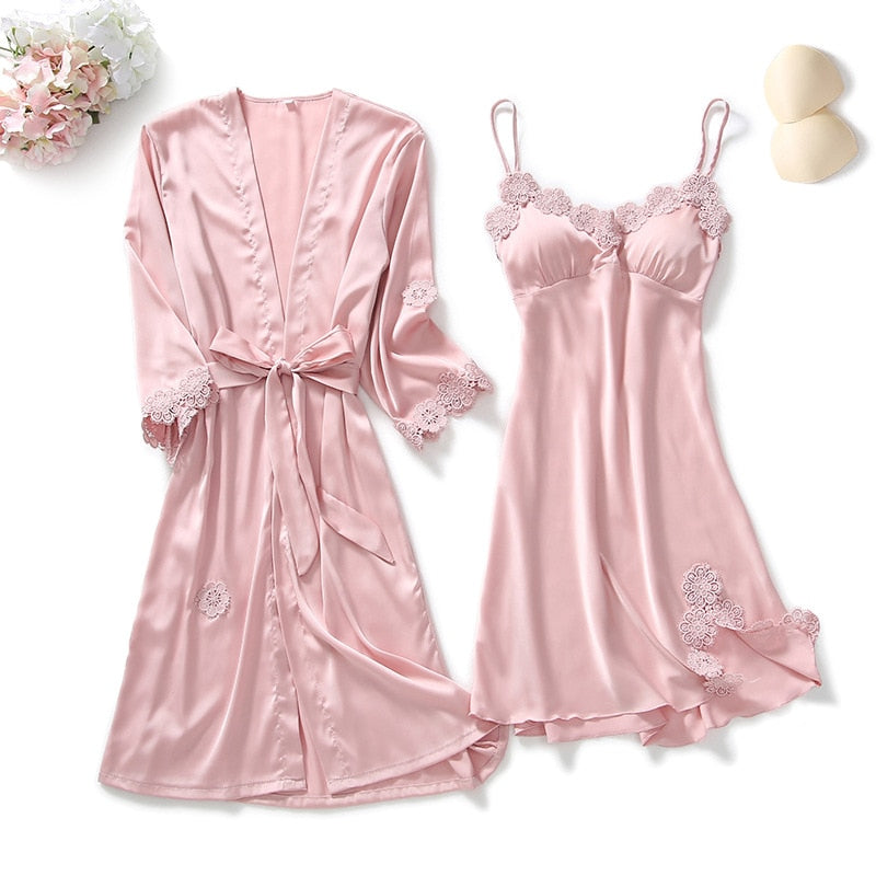 Yellow Robes Suit Autumn Women Nightgown Sets 2 Pieces Nightdress Bathrobe With Chest Pad Female Satin Kimono Bath Gown Sleepwea