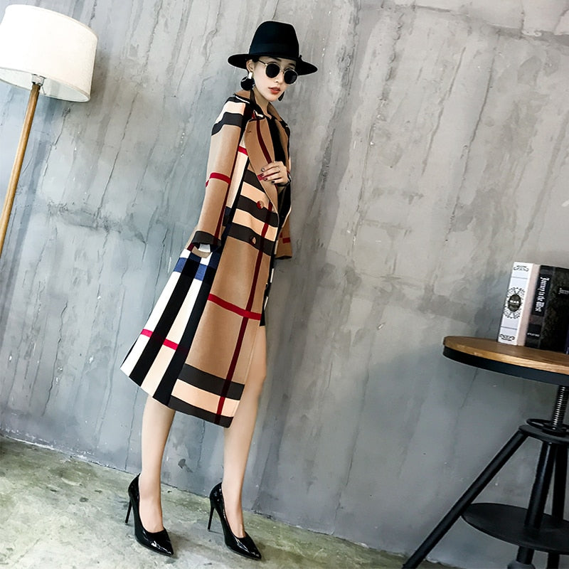 Sixsr  Thickened autumn and winter new women's lapels in the long simple color matching retro plaid coat temperament windbreaker