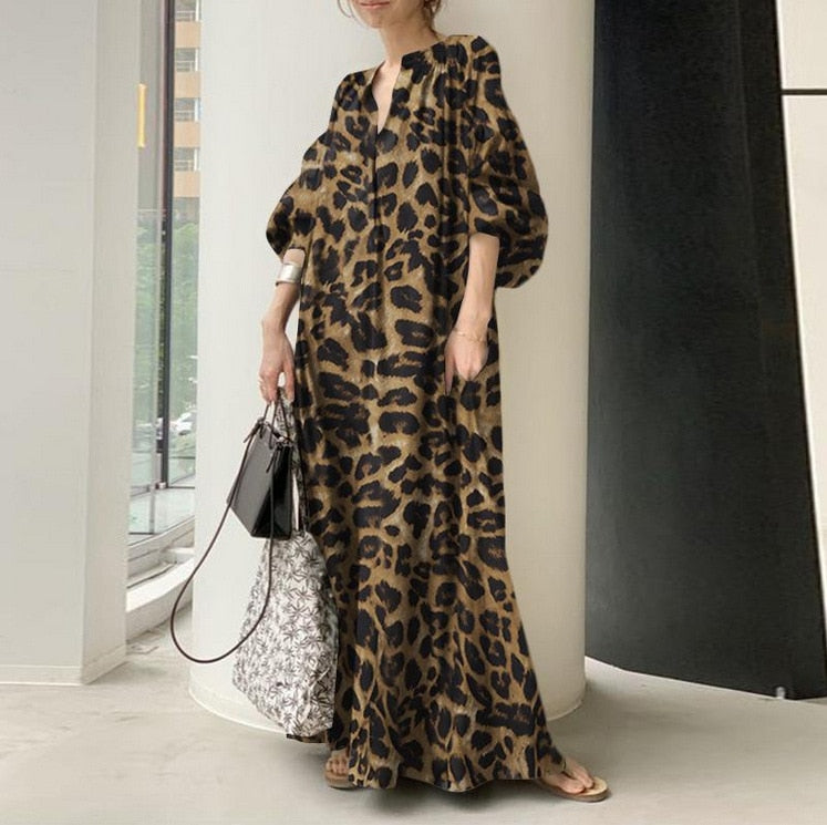 Fashion Printed Maxi Dress Women's Leopard Sundress Spring Puff Sleeve Long Vestidos Female V Neck Robe Oversize