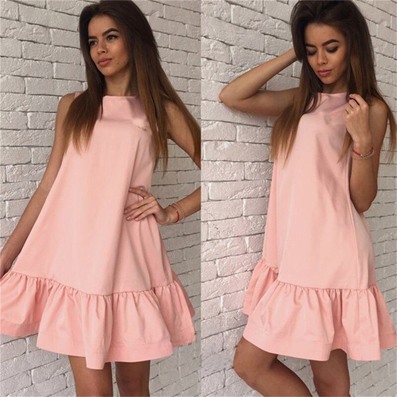 Sixsr Women Female Short Sleeve Loose Mini Short A-line Dresses Summer Beach Casual Dress Candy Color S-XXL
