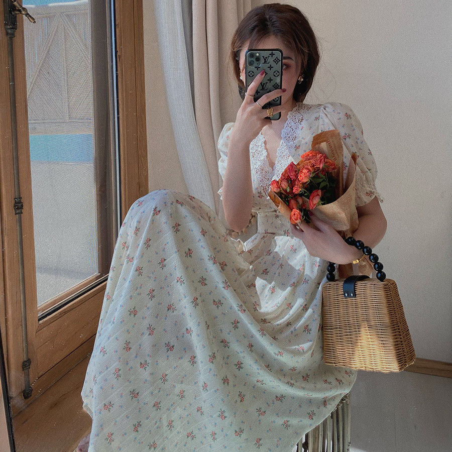 Sixsr Vintage Floral Dress Women Elegant Lace Chiffon Korean Party Dress Puff Sleeve V Neck Midi Dress Fall Dresses for Women