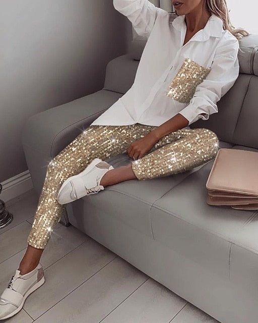 Sixsr Women Fashion Sequin Two Piece Set Long Sleeve Womens Tops And Blouses Femme Two Piece Outfits Elastic Waist Long Pants Sets
