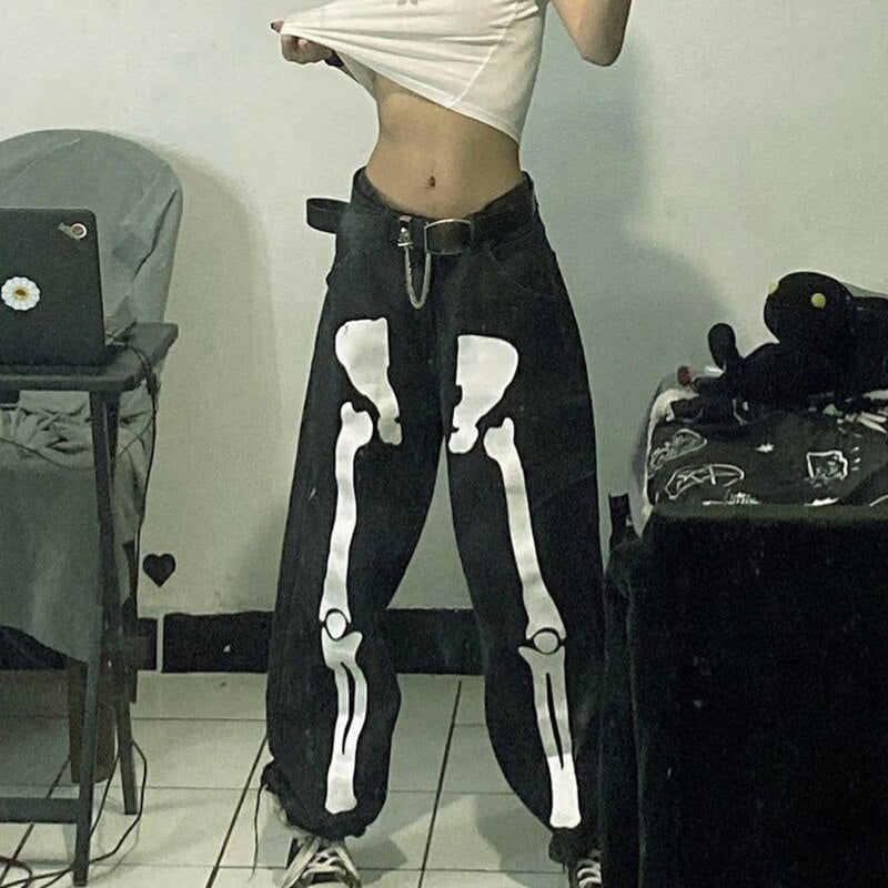 Sixsr Hot Sell Quality Gitana Autumn Skeleton Print Vintage Women's Jeans Low Waist Pants Streetwear Denim Jeans Casual Baggy Jeans Outfits