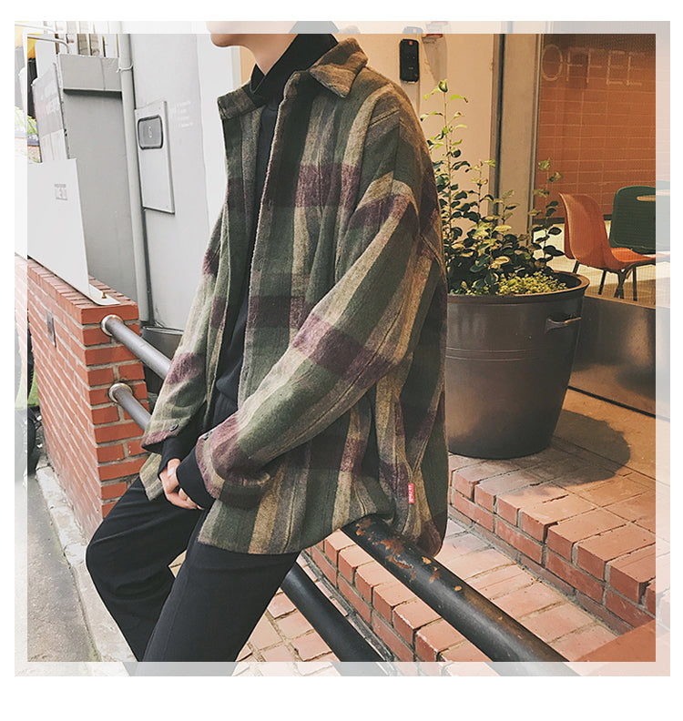 Sixsr New Fashion Men Plaid Shirt Casual Loose Wool Jacket Coat Men Long Sleeve Shirt Mens Clothing Streetwear
