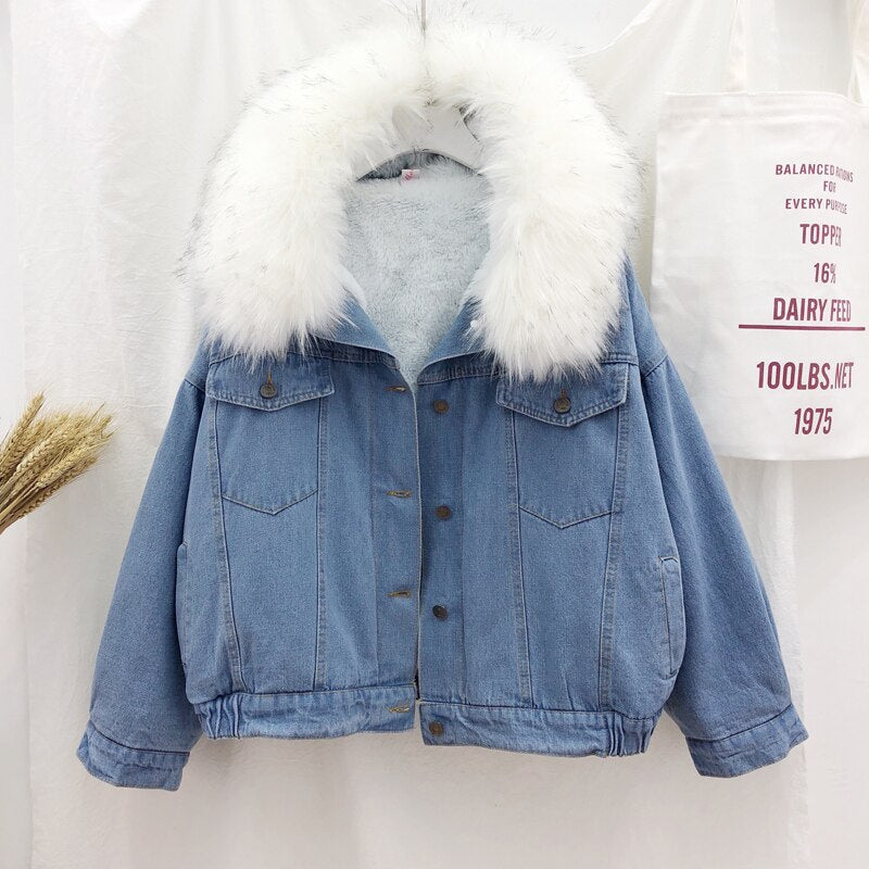 Sixsr velvet thick denim jacket female winter big faux fur collar Korea denim coat female student short coat