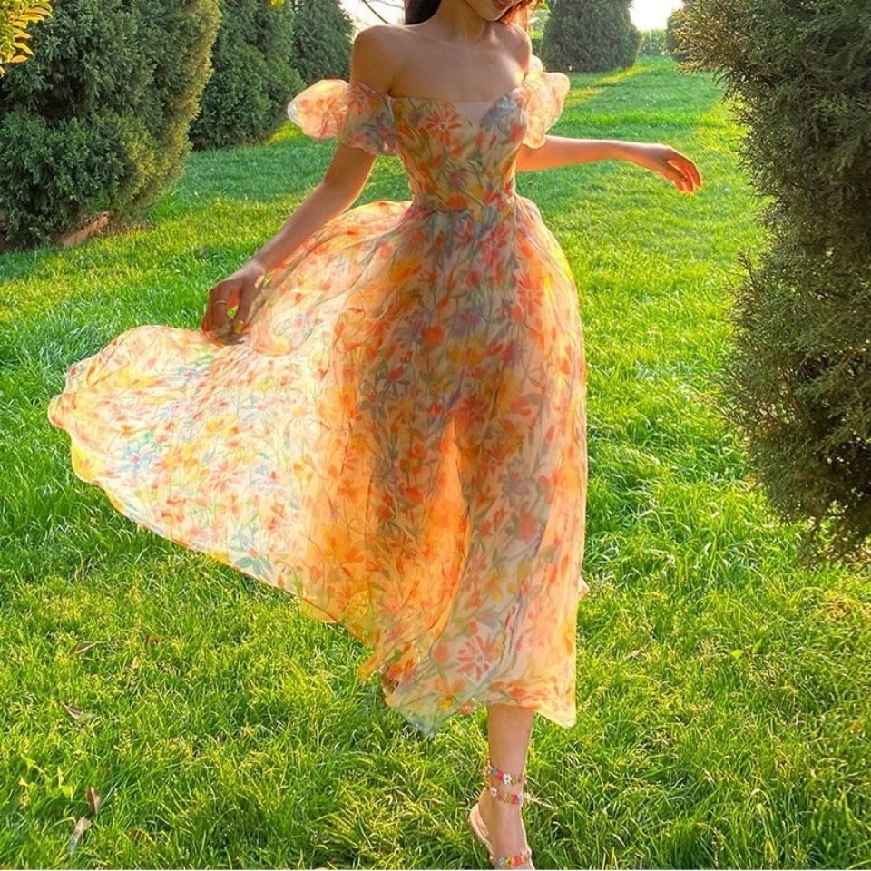 Sixsr Hot Sale Summer Floral Design Elegant Midi Dresses Women Office Lady One Piece Dress Korean Short Sleeve Vintage Beach Strap Dress