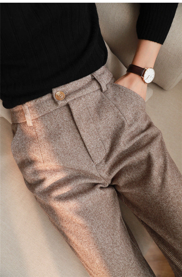 Sixsr Herringbone Woolen Pants Women's Harem Pencil Pants  Autumn Winter High Waisted Casual Suit Pants Office Lady Women Trousers