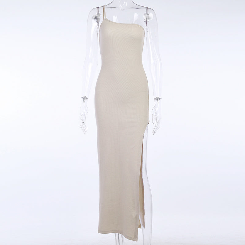 sixsr Summer Outfits Side Split Dress Women Sexy Sleeveless Solid Knitted Ankle-Length Party Dress Slim Elastics Off Shoulder Dress Cotton