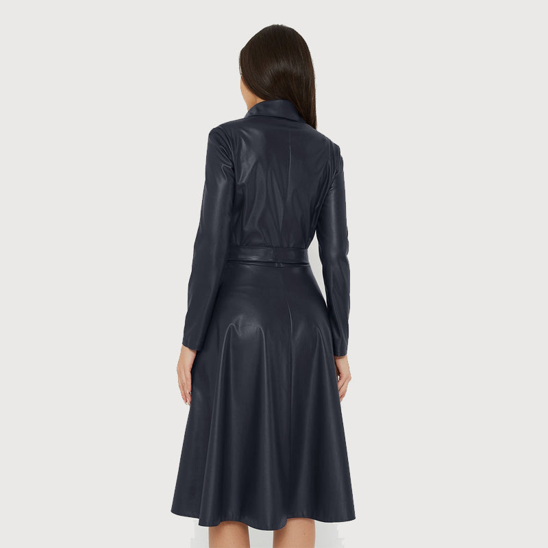 Sixsr Winter Casual Sashes Pu Leather A-Line Dresses Women Turn-down Collar Long Sleeve Solid Color Knee Dress Office Lady Wear