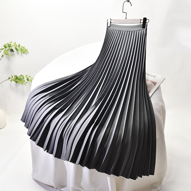 sixsr Brand Designer Women Spring Autumn Elegant Chic Solid Pleated Skirt High Waist Luxury Fashion With Elastic Female C-035