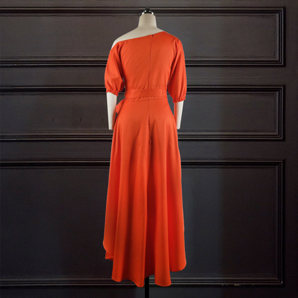 Sixsr Women Dress Bare Shoulder Waist Belt Long A Line Pleated Orange Casual Fashion Female Ladies Elegant New Autumn Summer Robes