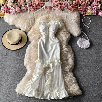 Sixsr Trends  high quality Women Spaghetti Strap Sexy Dress Strapless Bodycon Slim Red Dinner Party Dresses Mesh Patchwork Female Summer Long Dress