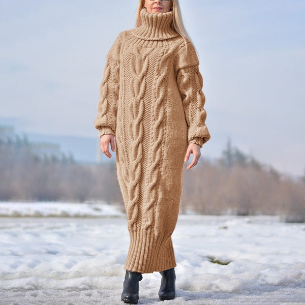 Sixsr Sweater Dress Women Long Sleeve High Neck Knitted Pullover Dress Soft Warm Solid Color Oversize Bodycon Jumper Female Dress