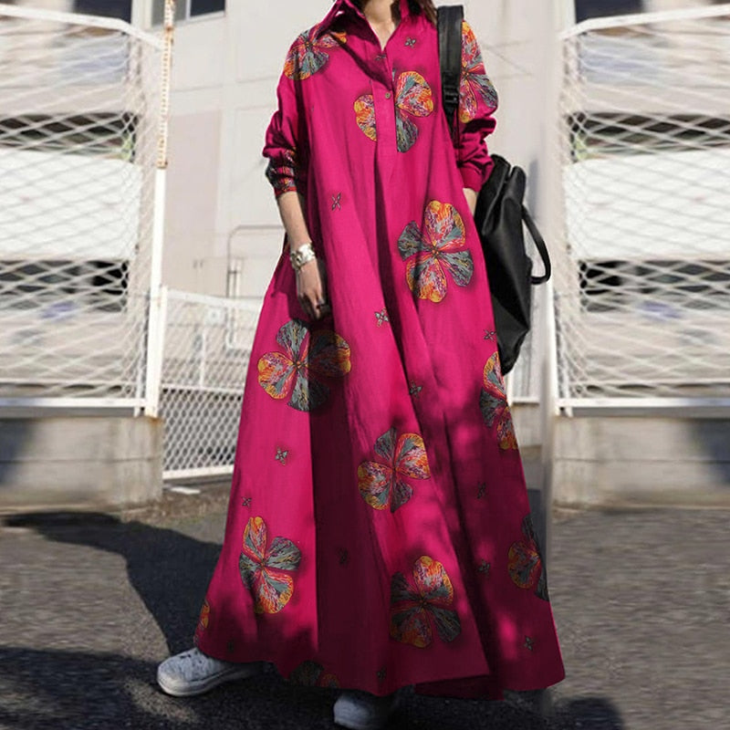 Sixsr Summer Stylish Women Vintage Long Sleeve Loose Sundress Casual Long Maxi Dress Kaftan Femme Solid Party Vestido Robe