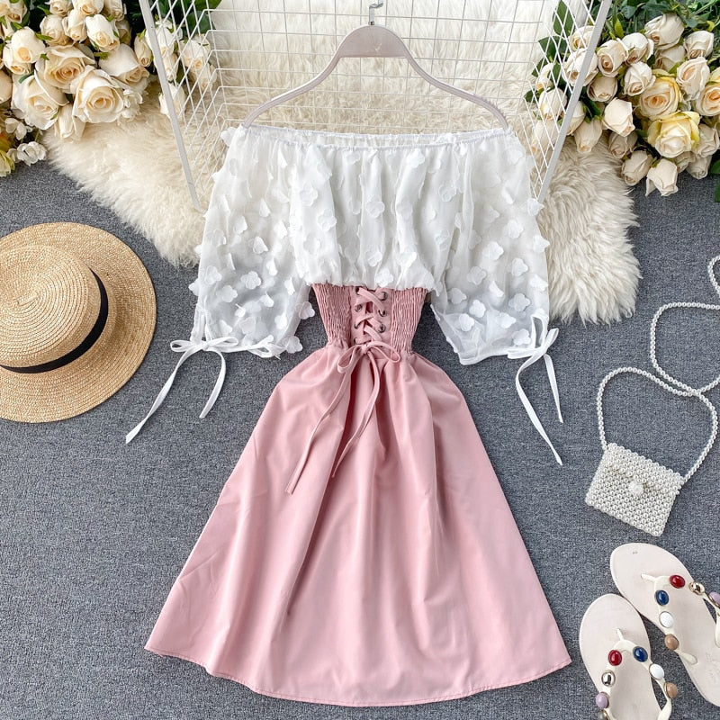 Sixsr  Spring Outfits Sexy Off Shoulder patchwork Summer Short Dress Party flower chiffon Slim waist lace up Women casual A-Line beach dress