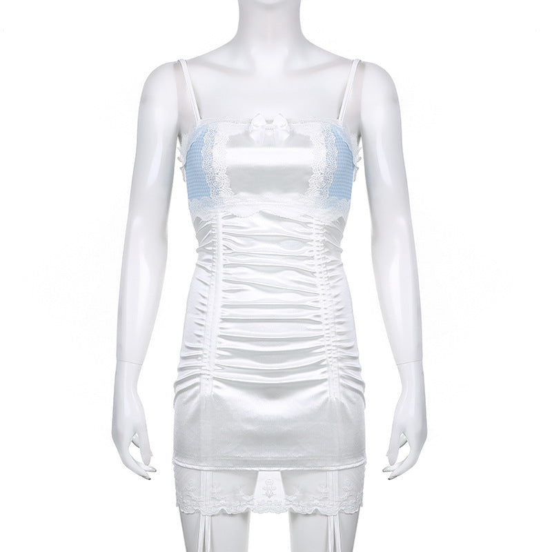 Sixsr Gifts for women fashion outfits Sexy Lace Hot Nightdress High Waist Lace Mesh Drawstring Mini Tank Summer Dress Dresses Women Korean Kawaii