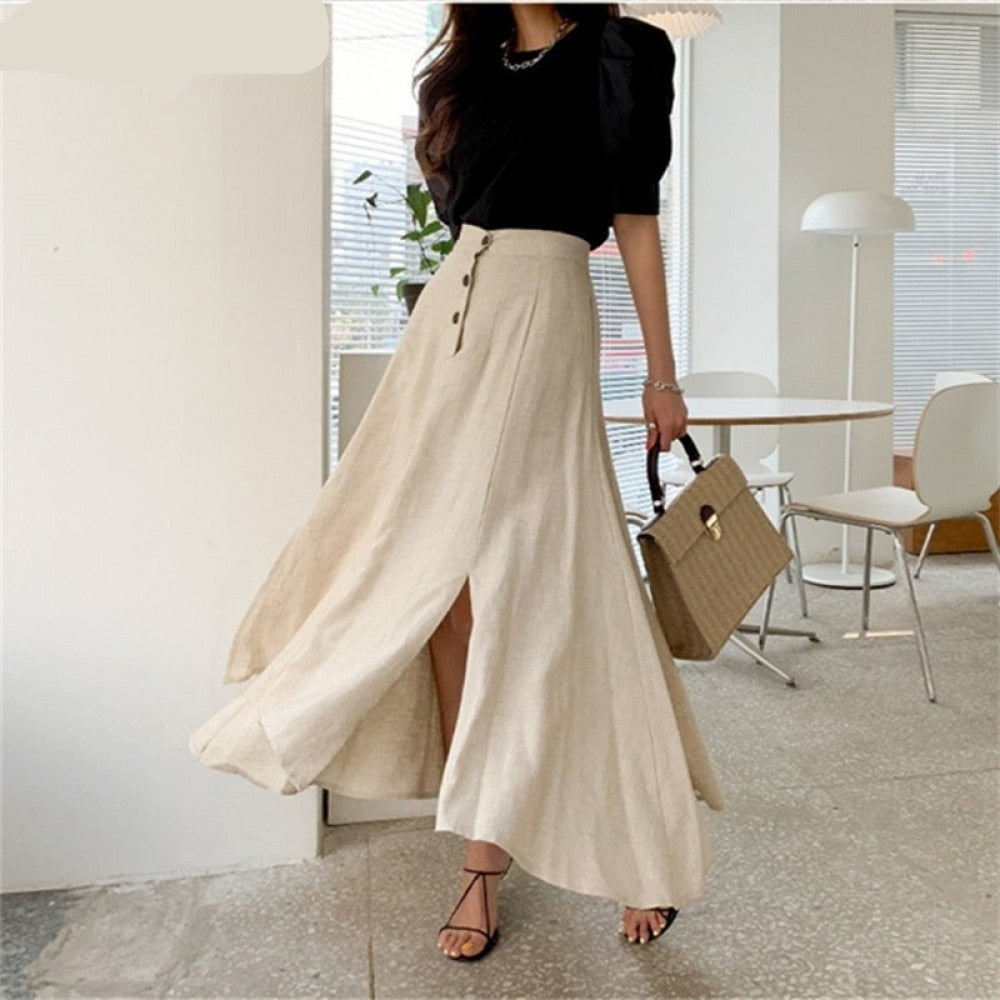 sixsr New  Vintage Elastic Waist Buttons Irregular Chic Cotton and Linen Split Spring Summer Women's Long Skirts SK8560