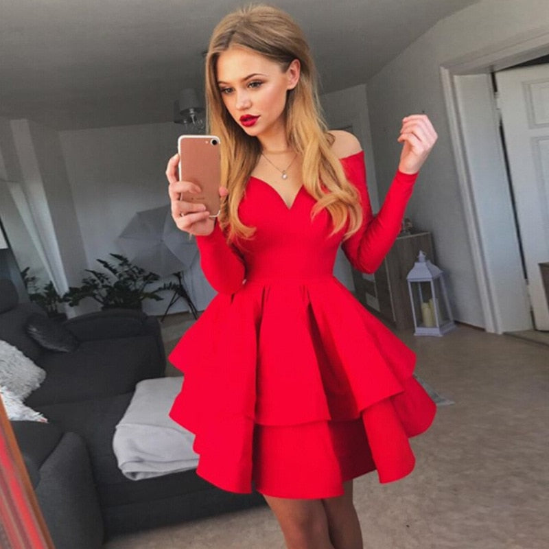 Sixsr Spring Autumn Women Solid Long Sleeve Sexy Clubwear V-neck Off Shoulder Evening Party Dress Red Dresses For Woman Plus Size