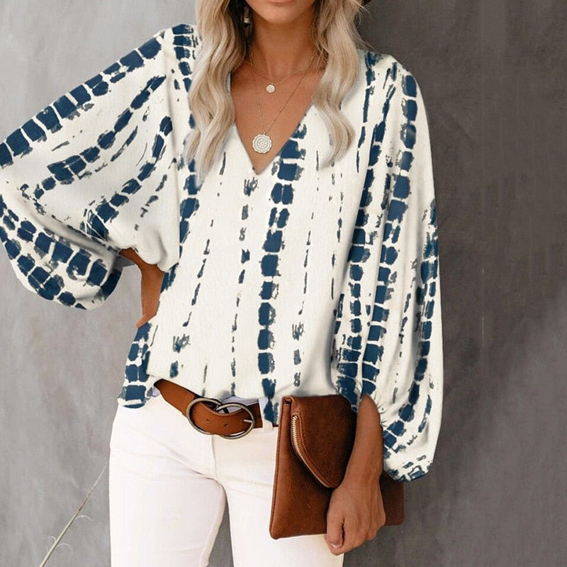 sixsr Summer Outfits Female Streetwear Oversized XXXL Tops Blusa Summer V Neck Long Lantern Sleeve Blouse Casual Women Printing Loose Elegant Shirts