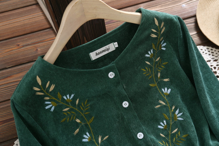 Sixsr Mori Girl Vintage Corduroy Women Shirt Dress Floral Embroidery Elegant Autumn Winter Dresses Midi Dresses For New Year