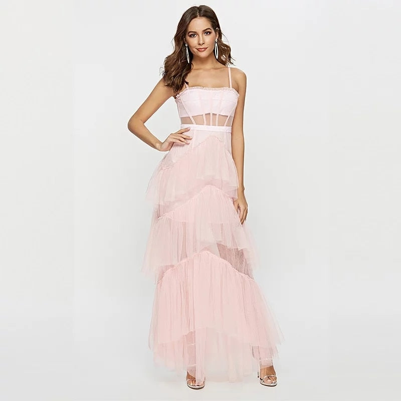 Womens Fashion Summer Sling Long Lace Dress Women Hollow Stitching Sexy Bubble Dress Backless Sleeveless Plus Size White Party Elegant Clothes