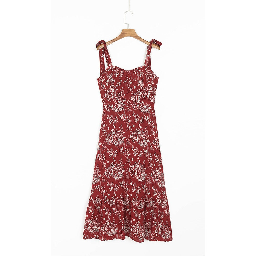 sixsr Dresses For Women Elegant Vintage Floral Dress Frill Sweetheart Neck Sleeveless Strap Tie Ruffle Hem Summer Beach Dress