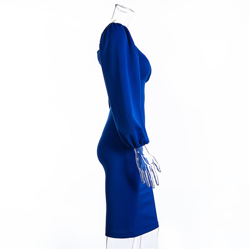 sixsr Midi Night Dress Women Long Puff Sleeve A-LINE Ruffled Backless Bodycon Sexy Dress Autumn Winter Elegant Office Lady Prom