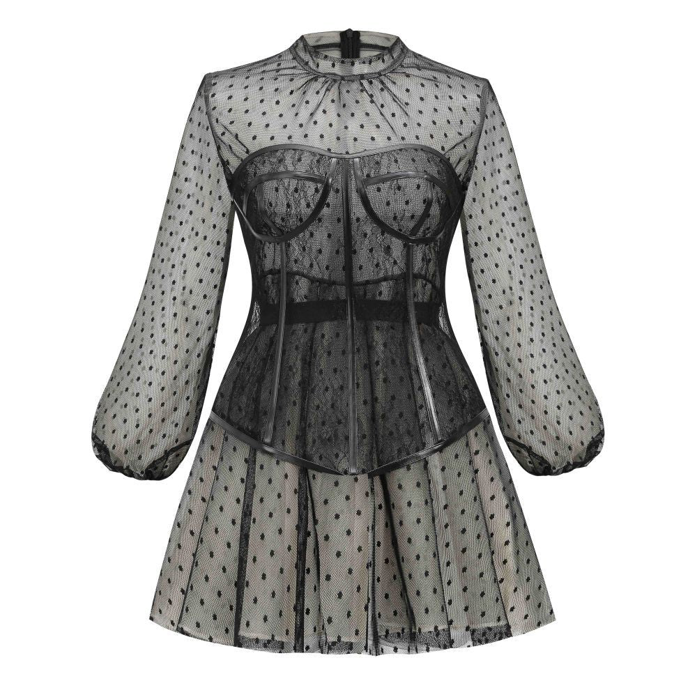Sixsr New Design 2pcs Summer Dress for Women Black Sexy Corset Dress Vintage Slim Mesh Outfit Clubwear Dress Shirt for Girl's Party