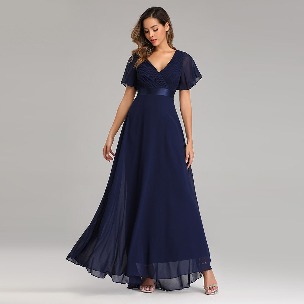 sixsr Evening Dresses Elegant V-Neck Ruffles Chiffon Formal Evening Gown Robe Vestidos De fiesta Dress for Wedding Party
