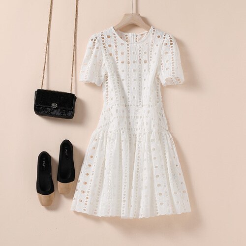 sixsr Summer Outfits High Quality Summer Hollow White Lace Two-Piece Dress Zomerjurk Dames High-Waisted Women Party Dress Vestidos De Verano N