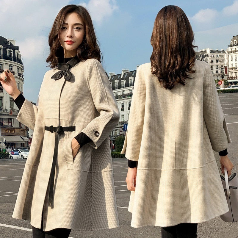 Sixsr Office Lady Woolen Jacket Women's Middle Long Korean Autumn Winter New Loose Cape Small Thousand Bird Lattice Woolen Coats