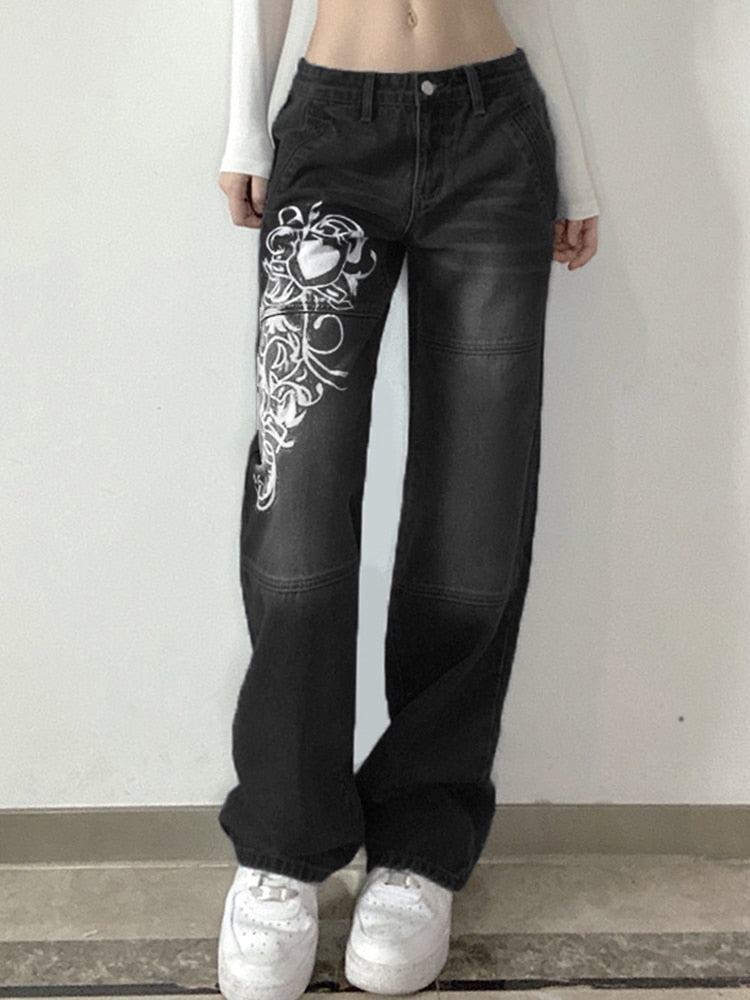Sixsr New Printed Baggy Y2K Jeans Women's Low Waist jeans Autumn Winter Oversize Wide Leg Baggy Pants Casual Cargo Trousers