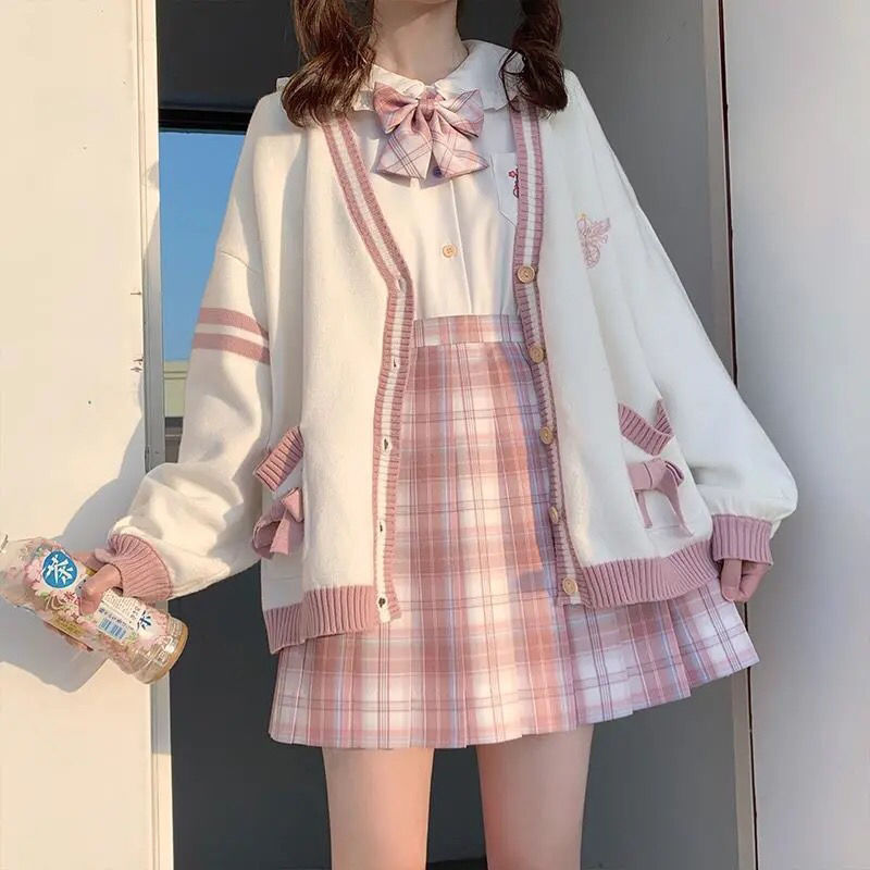 Sixsr  Spring Japanese Kawaii Fashion Pink Cardigan Women Harajuku Knitted Sweater Cute Bow Heart Korean College Style JK Uniform Coat