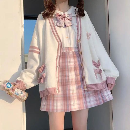 Sixsr  Spring Japanese Kawaii Fashion Pink Cardigan Women Harajuku Knitted Sweater Cute Bow Heart Korean College Style JK Uniform Coat