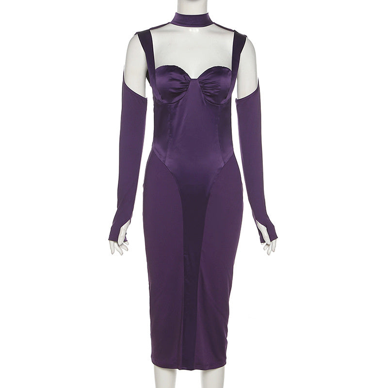 Sixsr Trends Long Sleeve Satin Party Midi Dresses For Women Elegant Cut Out Autumn Winter Chest Wrapping Bodycon Dress Night Clubwear