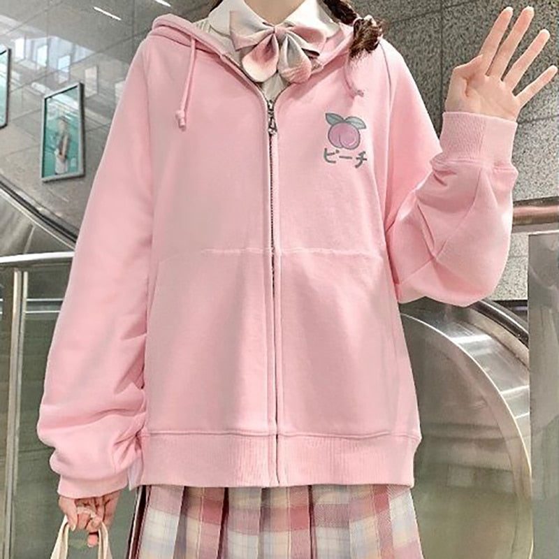 Sixsr Harajuku Sweet Fruit Print Women Hoodie Pocket Spring Loose Thin Zipper Sweatshirt Girl Cute Pink Plus Size Clothes Among Us