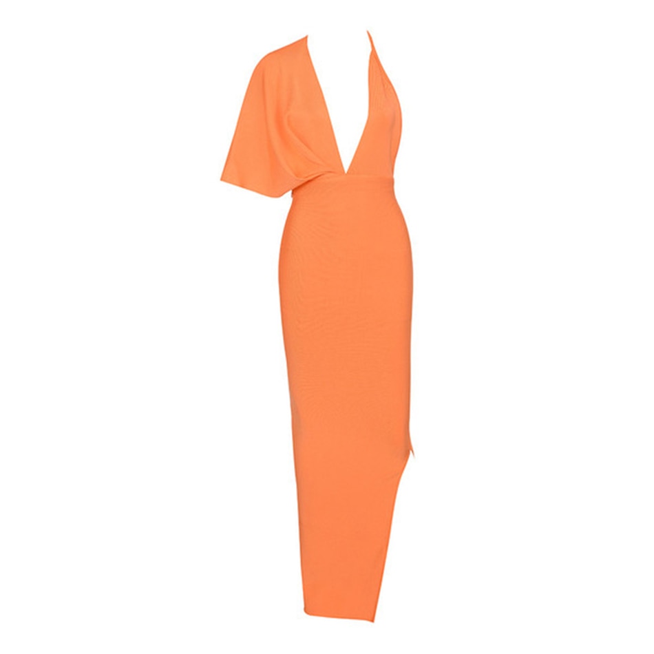 Fashion Trends Draped Backless Women Side Split Evening Club Party Dress New Sexy V Neck Orange Black Long Bandage Dress Vestidos