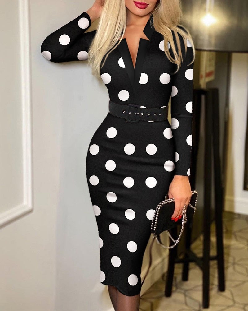 Sixsr Spring Outfits  Trends Office Lady Long Sleeve V-neck Maxi Dress Spring Autumn Vintage Print Slim High Waist Belted Vestidos De Mujer Elegant Dresses