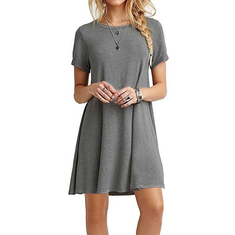 Sixsr Women Female Short Sleeve Loose Mini Short A-line Dresses Summer Beach Casual Dress Candy Color S-XXL