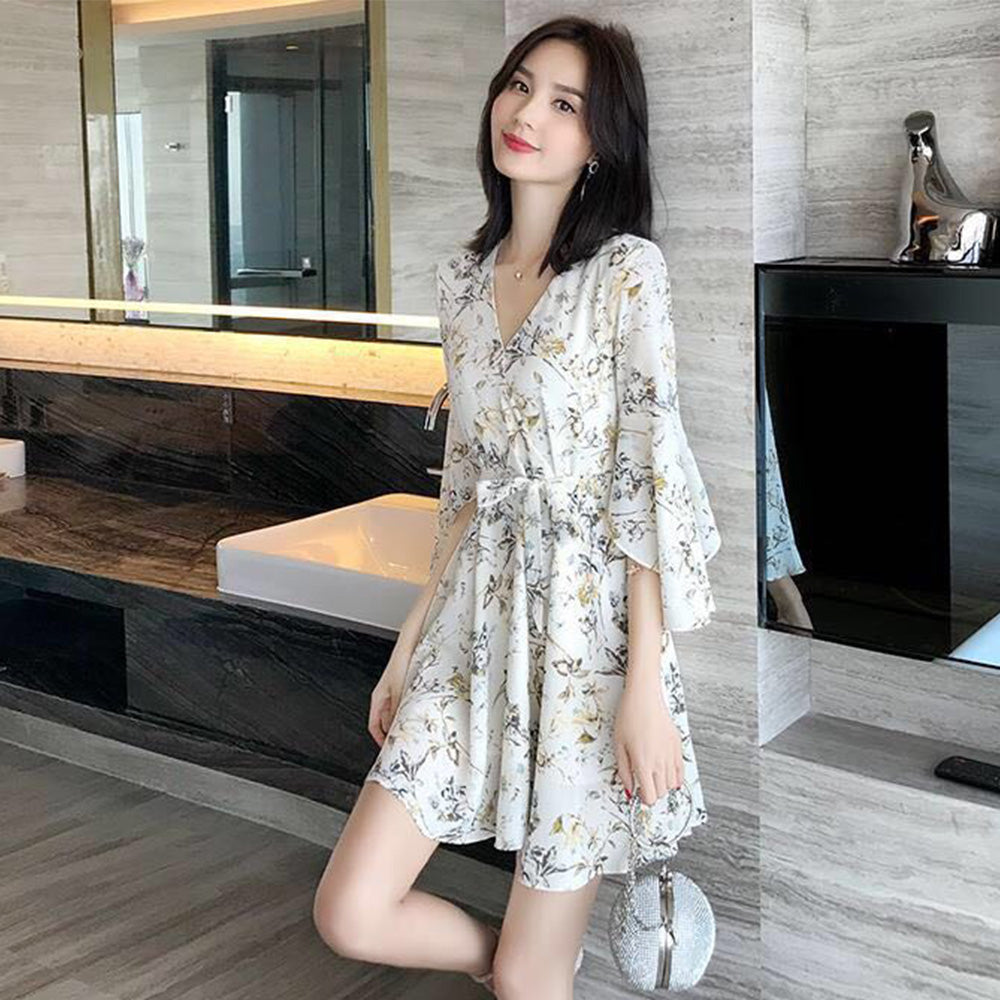 Sixsr Women Mini Dress Spring New V-neck Floral Chiffon Dress High Waist Flare Sleeve Female Dress Woman's Dress KarolyiDora KA88