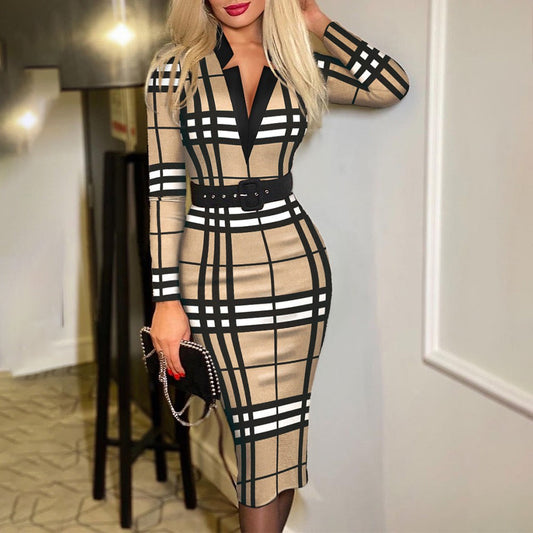 Sixsr Spring Outfits  Trends Office Lady Long Sleeve V-neck Maxi Dress Spring Autumn Vintage Print Slim High Waist Belted Vestidos De Mujer Elegant Dresses